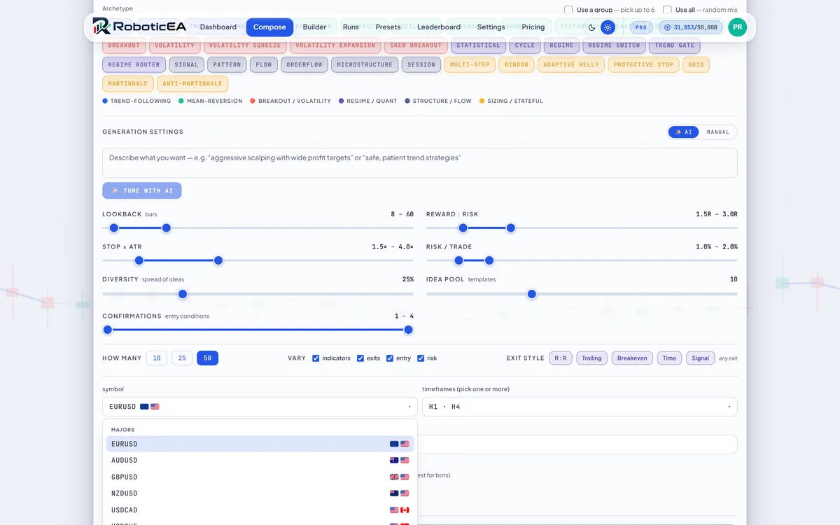 RoboticEA's instrument picker open, showing the majors group of its 25 tradable symbols