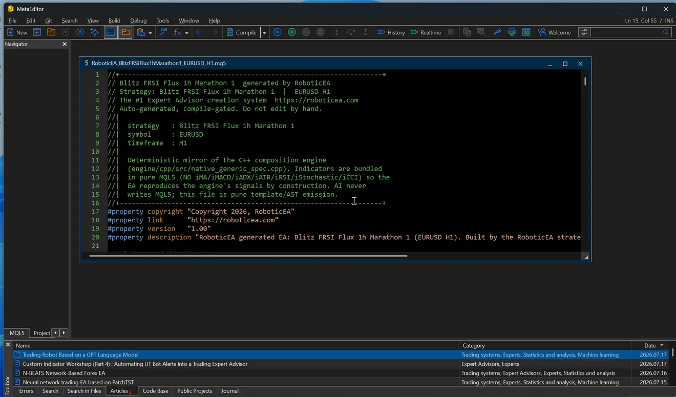 The exported EA source open in MetaEditor