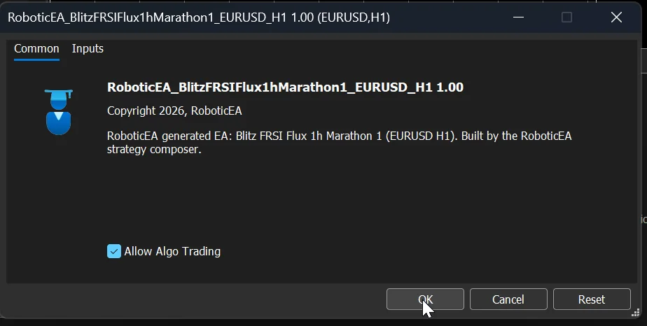 The EA properties dialog attached to the matching chart