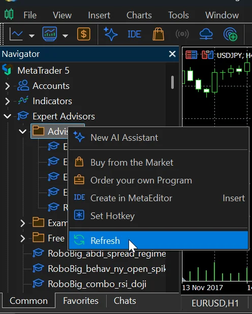 Refreshing the MetaTrader Navigator