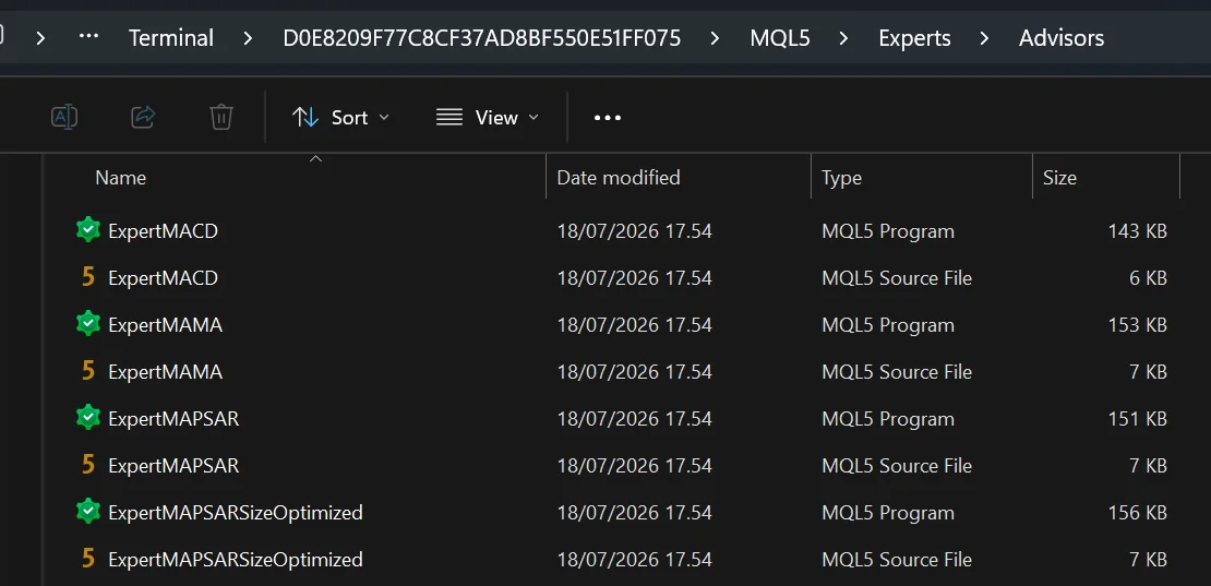 The Advisors folder listing showing paired source and program files