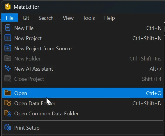The File menu in MetaEditor with Open highlighted