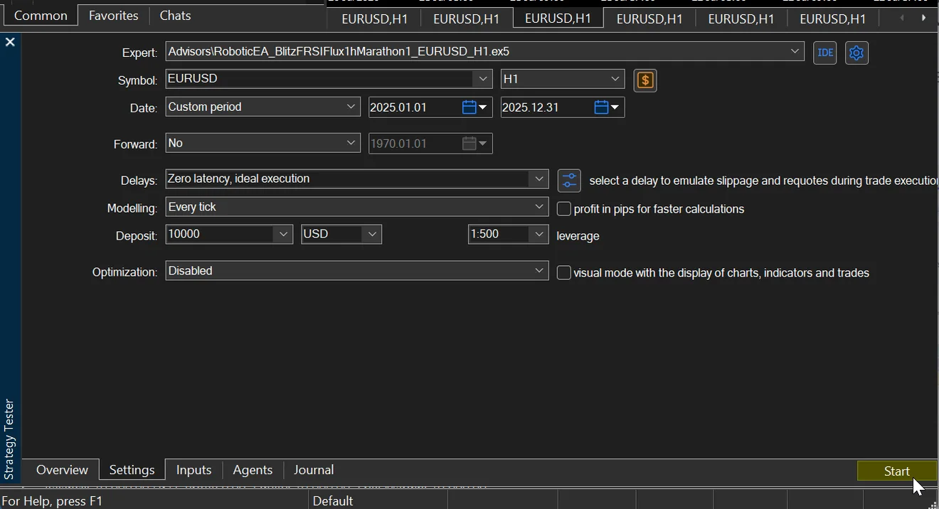 The Strategy Tester settings pane